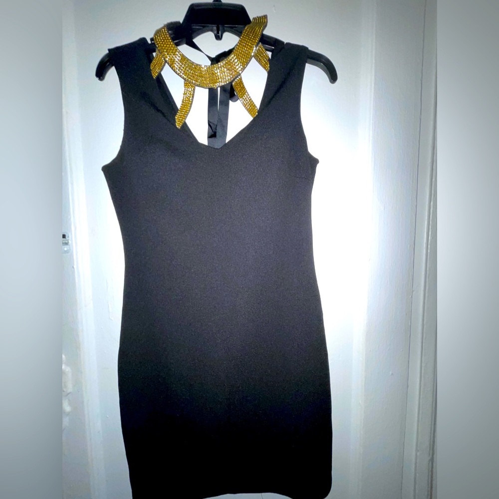 Stefano Di Roma Dress with Gold Gemstone Neck Strap - Black
